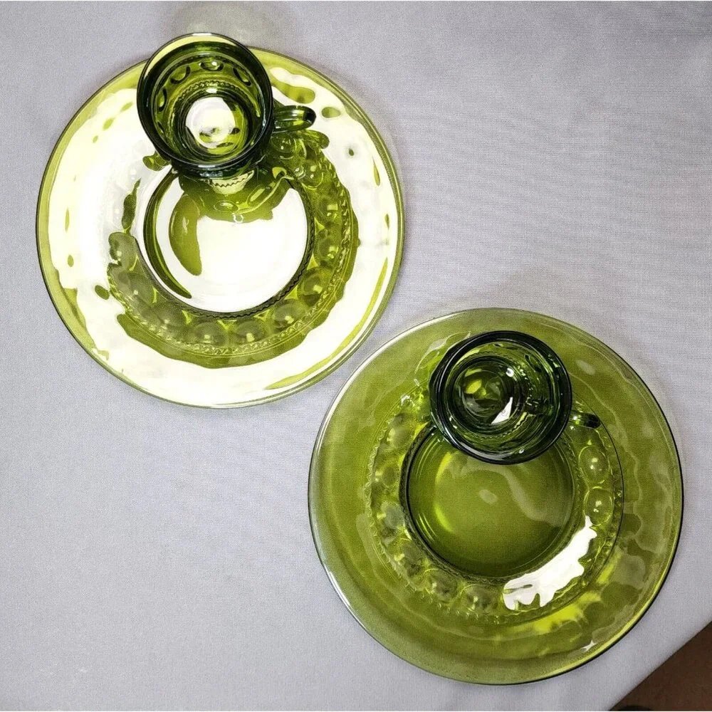 Snack Plates & Cups Indiana Glass King's Crown Thumbprint Avocado Green Vintage - Picture 6 of 8